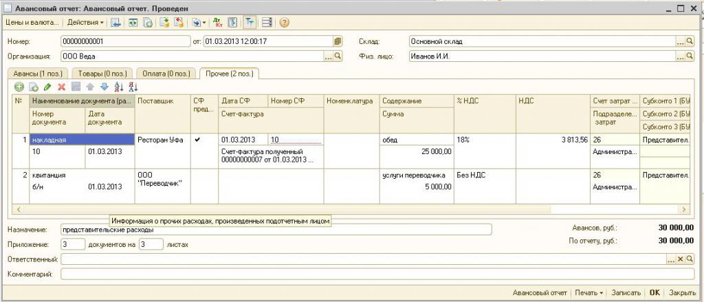 Write-off of expenses in 1C: Accounting