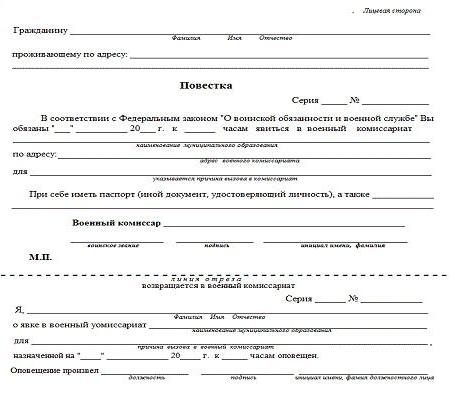 what the summons to the army looks like