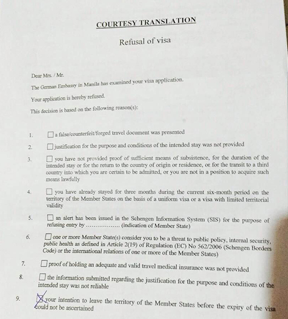 Letter of reasons for visa denial