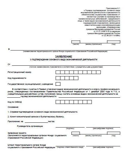 confirmation of the main type of economic activity