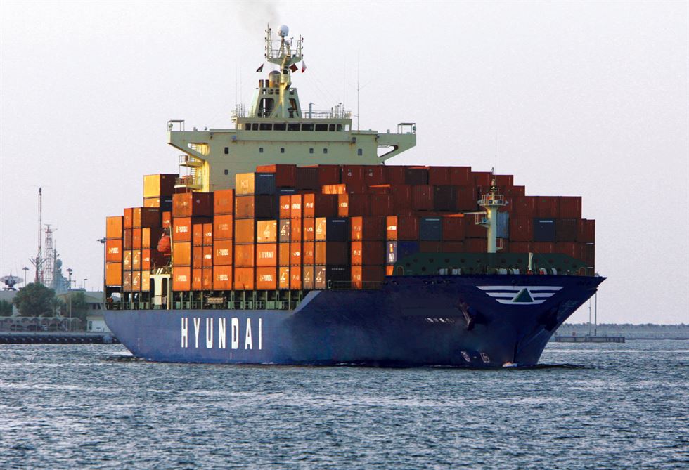 Container ship near the pier