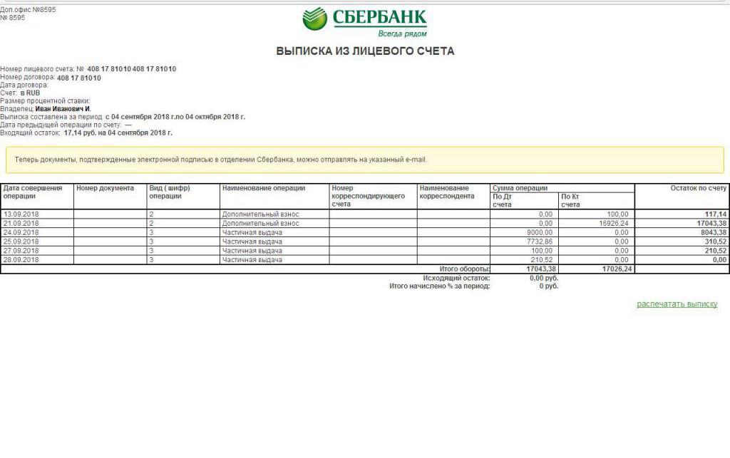 how to make a personal account statement with Sberbank